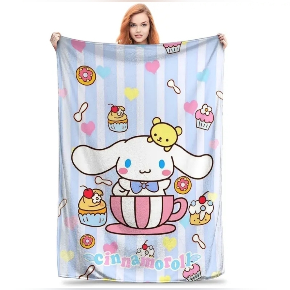 NEW! Sanrio Cinnamoroll Striped Blanket with Cupcake Design 50*60 Inch
